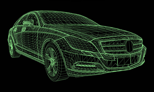 这个模型运动一辆高档轿车。黑色背景下绿色多边形三角形网格形式的矢量图解