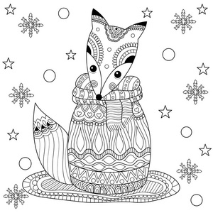 着色书狐狸在冬天为成人. zentangle 风格. 矢量插图。handdrawn