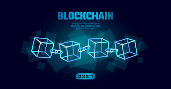 Blockchain 立方体链符号的平方码大数据流信息。蓝色霓虹灯发光的现代趋势。Cryptocurrency 金融比特经营理念