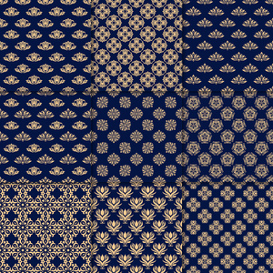 具有金色蓝色无缝图案的花卉背景。墙纸和纺织品设计
