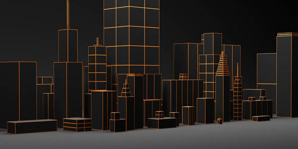 都市黑暗的抽象背景, 未来的黑城市全景。3d 插图