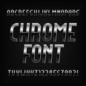 Chrome 字母字体。金属效应斜字母, 数字和符号在黑暗的背景。股票矢量字体