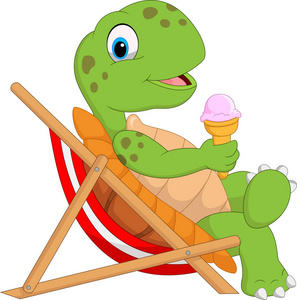 卡通龟坐在沙滩椅上，抱着冰激淋