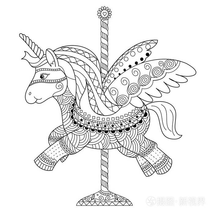 着色书页可爱的独角兽涂鸦风格. 矢量插图.手绘