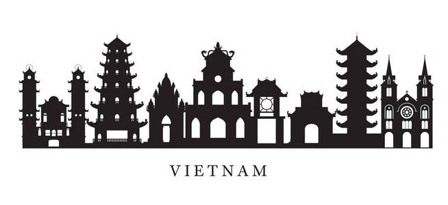 越南地标天际线在黑色和白色剪影