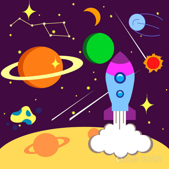 明亮的卡片空间 与彗星 星 火箭 行星 向量例证的图片