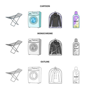 烘干机, 洗衣机, 清洁衣服, 漂白剂。干洗集图标在卡通, 轮廓, 单色风格矢量符号股票插画网站