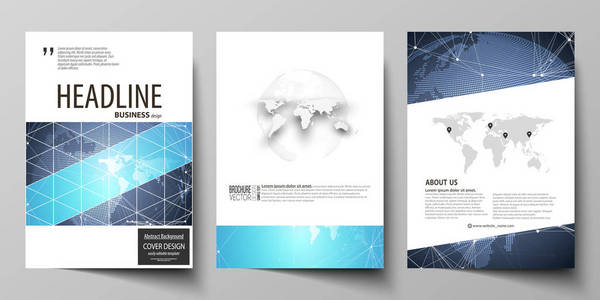 三个现代的 A4 格式的可编辑布局，矢量图涵盖本宣传手册 杂志 传单 小册子的设计模板。抽象的全球设计。化学模式分子结构