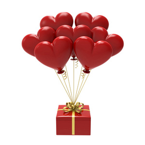 3d 图红色礼物和心气球
