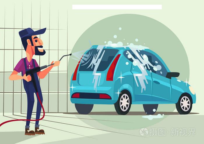 工人字符洗车.矢量平面卡通插画