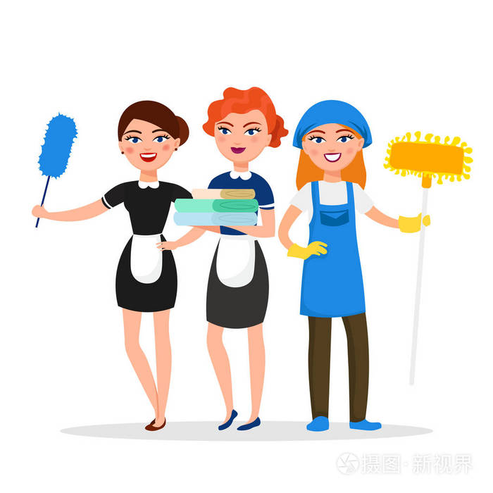 清洁服务人员微笑卡通人物在白色背景下隔离.房子清洁