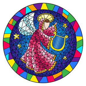 插图在彩色玻璃风格与一个抽象的天使在粉红色长袍演奏竖琴在明亮的框架, 圆的图片