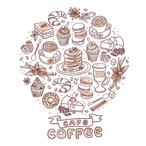 美丽的手绘矢量插图咖啡和糖果