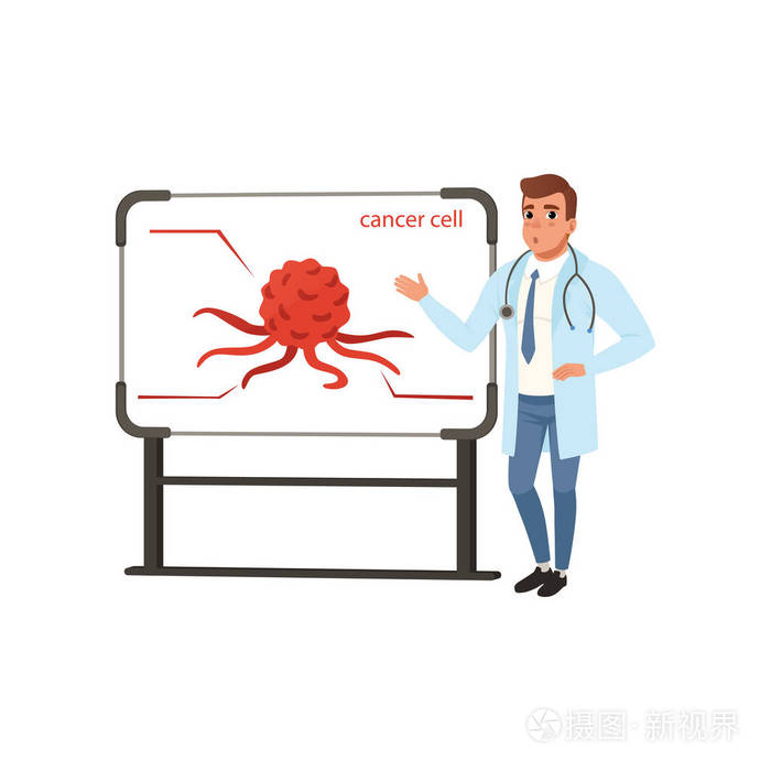 年轻的肿瘤医生在白色背景上介绍癌症细胞矢量插图