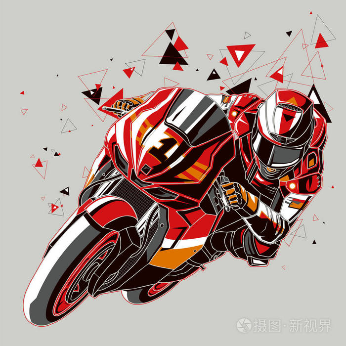 摩托车司机与一个图形 trailvector 说明骑摩托车的道路上, 孤立的
