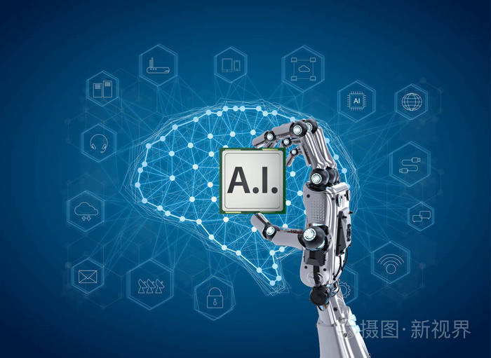 3d. 用技术图标渲染机器人手持 ai cpu 芯片
