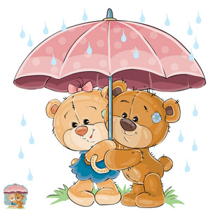 两个棕色的玩具熊男孩和女孩在伞下躲雨的矢量图