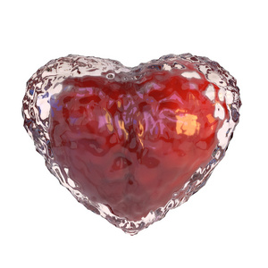 红色的心脏覆盖着白色背景上孤立的冰。 3d