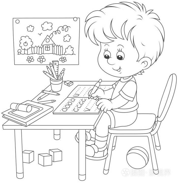 小男孩在一本练习本上做作业, 里面有写作样本,黑白矢量插图和一本