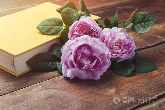 粉红色的玫瑰和书与黄色封面上的木质背景.关于爱情与