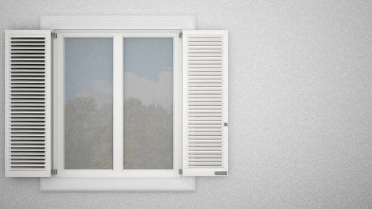 带百叶窗的白色窗户的外部石膏墙, 花园反射, 空白背景与拷贝空间, 建筑学设计概念