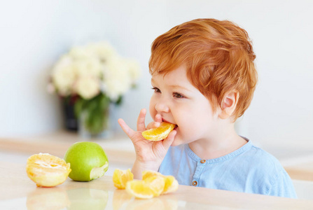 可爱的红发学步婴儿品尝橙色切片和苹果在厨房
