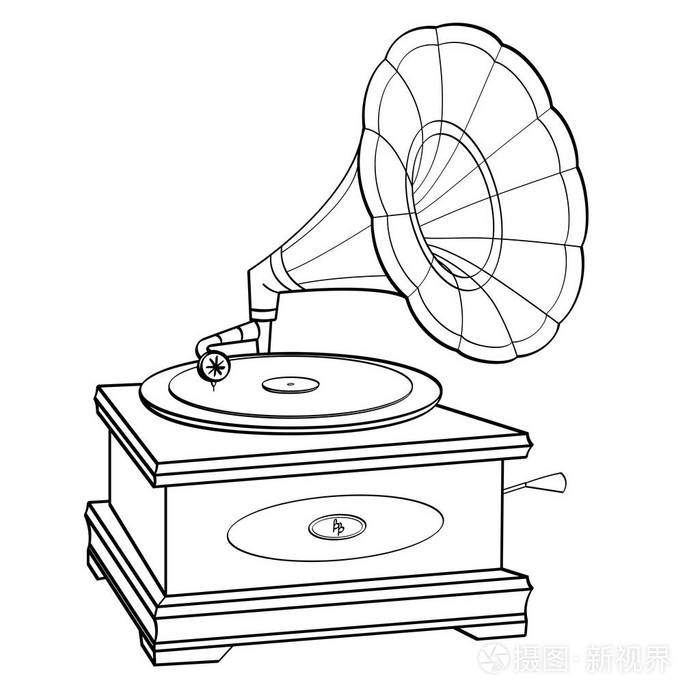 留声机漫画书复古风格的载体孤立的对象儿童和成人着色黑线白色背景