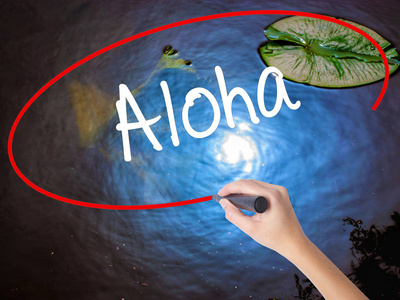 女人的手写作 Aloha 在透明板标记