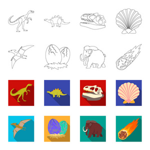史前贝壳, 恐龙蛋, 翼龙, 猛犸。恐龙与史前时期集合图标的轮廓, 平面式矢量符号股票插画网
