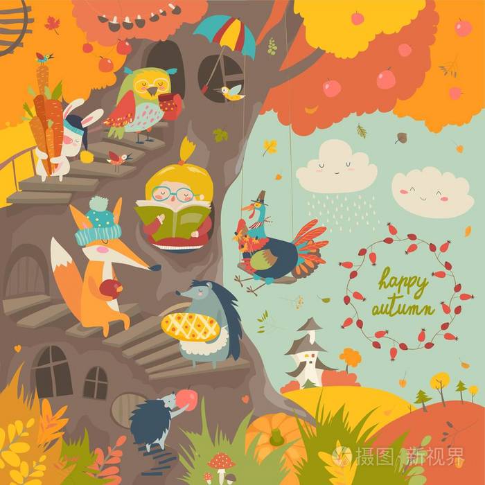 秋天公园里有小女孩和动物的可爱的树屋插画-正版商用