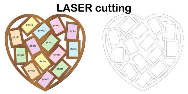 用于激光切割的照片的心形框架。拼贴画的相框。木材和金属用模板激光切割机