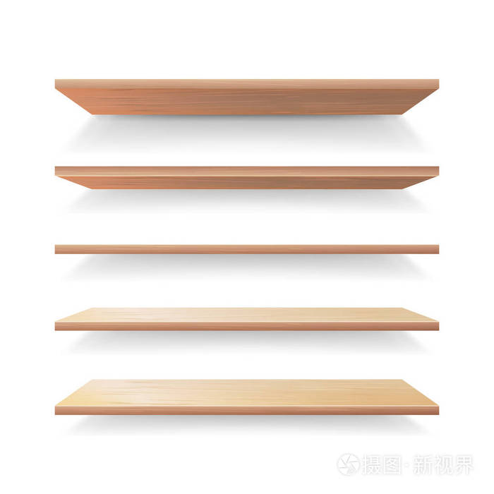 空木货架模板矢量集.现实 3d 零售商店木制货架设置隔离