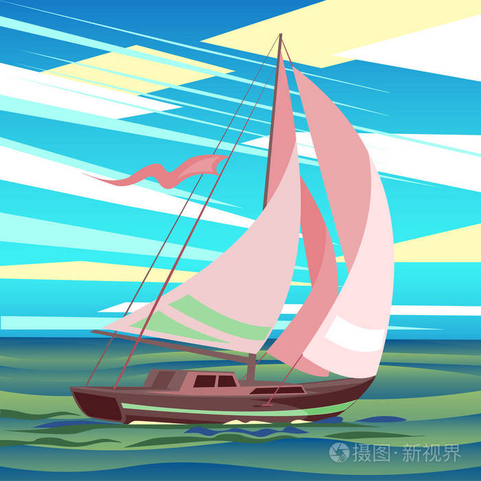 程式化的海景观与漂浮在海浪上的帆船插画-正版商用图片0pk365-摄图新