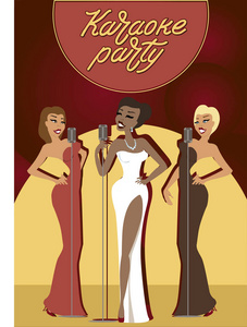 三个年轻美丽的女人唱歌和跳舞在一次聚会或在一家酒吧。卡拉 Ok 晚会