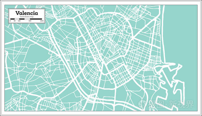瓦伦西亚西班牙城市地图复古风格。大纲图。矢
