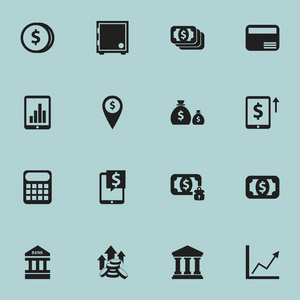 16 可编辑投资图标集。包括符号，如条形图，银行所在地 雄鹿和更多。可用于 Web 移动 Ui 和数据图表设计
