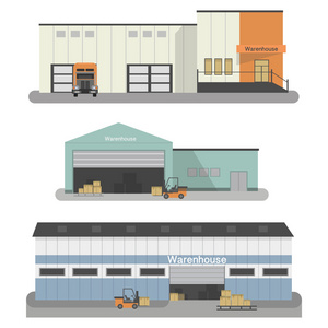 仓库建筑平面图标设置与运输车辆孤立的矢量图