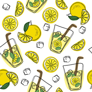 柠檬水手画无缝图案。新鲜可口的柠檬水, 饮水, 饮料, 果汁载体葡萄酒