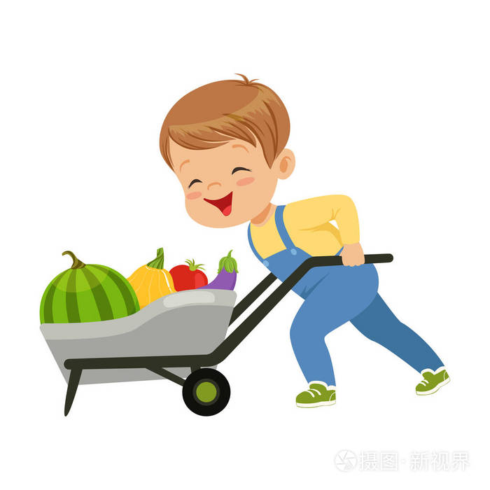 可爱的小男孩字符推手推车满蔬菜矢量插图白色背景
