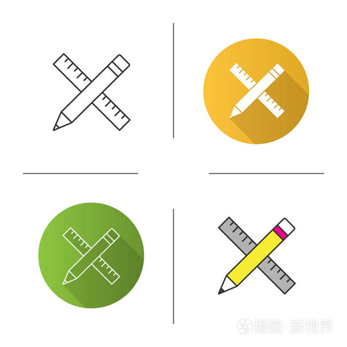 标尺和铅笔图标.平面设计, 线形和颜色样式.图纸和绘图工具.