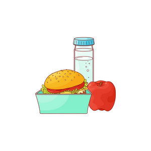 午餐食物盒与汉堡包, 苹果和瓶水被隔绝在白色背景
