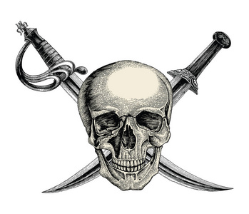 头骨与十字剑, 海盗标志, 标志手画复古风格在白色背景隔离