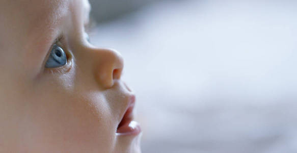 宝贝，大蓝眼睛，浅色的头发，一个男孩坐在和微笑雪白的毯子上，看着她的母亲，在白色背景上