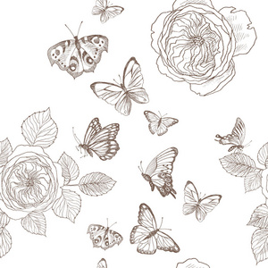 无缝图案的野生玫瑰花枝和蝴蝶。老式植物手画插图。春天的花朵, 花园玫瑰, 狗玫瑰。矢量设计