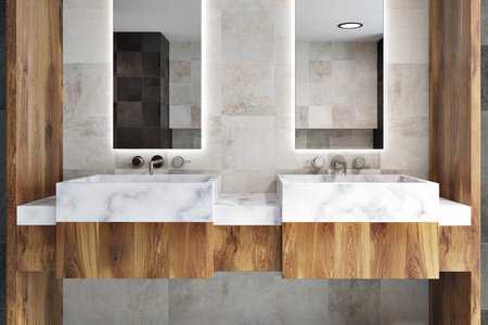 双浴室水槽与两个狭窄的高大框架镜子挂在一个经典的浴室与木墙。关闭3d 渲染