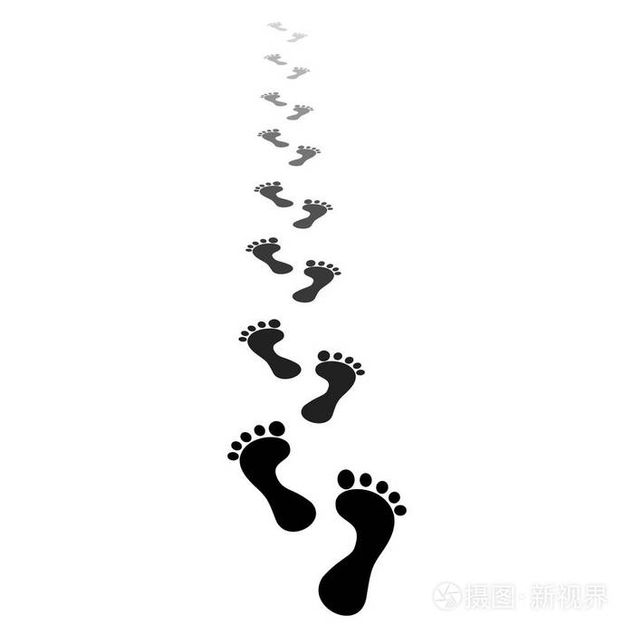 赤脚走在小径上的脚印 超越地平线.透视小径.在白色背景下被隔离.