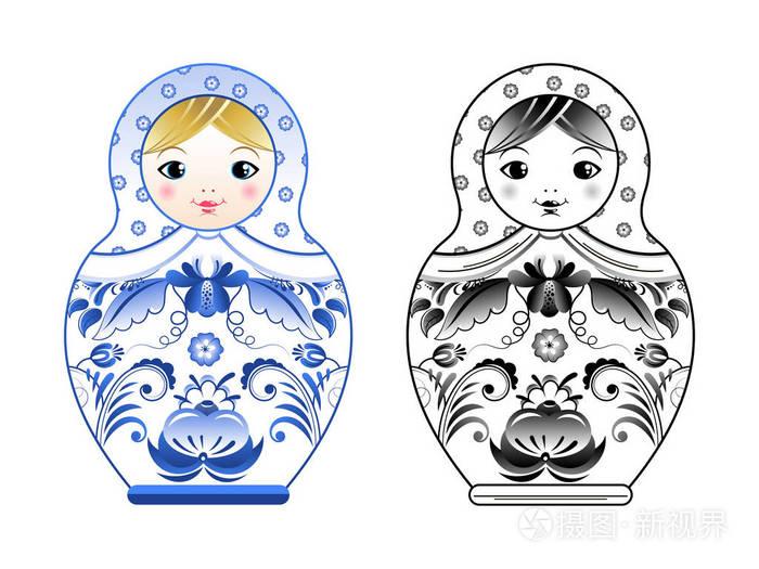 矢量图片的俄罗斯俄罗斯套娃画在 gzhel 风格.彩色和线性插图