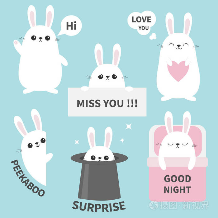 兔子贴纸情感emoji表情图标集矢量插图