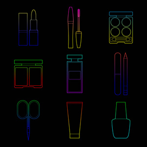一套简单的化妆品颜色线艺术图标在黑色背景上