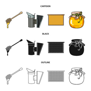 一架蜂窝, 一包蜂蜜, 一 fumigator 蜜蜂, 一罐蜂蜜。蜂房集合图标在卡通, 黑色, 轮廓风格矢量符号股票插画网站
